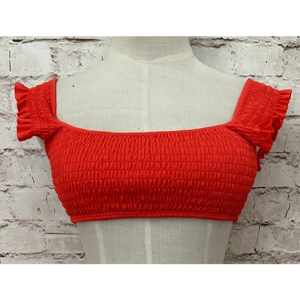 Pretty Little Thing Swim Bikini Top US 8 Red Frill Smocked Shirred Padded NEW